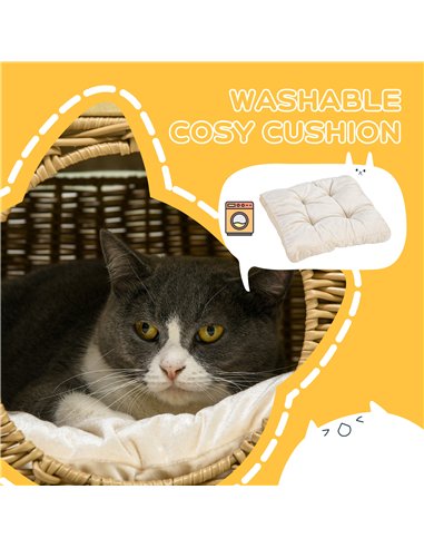 PawHut Elevated Design Wicker Cat House with Washable Cushion, Light Brown