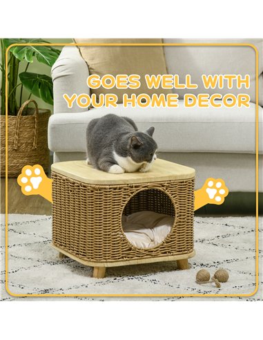 PawHut Elevated Design Wicker Cat House with Washable Cushion, Light Brown