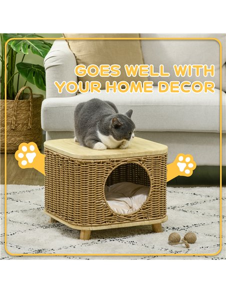 PawHut Elevated Design Wicker Cat House with Washable Cushion, Light Brown - pic 149128 | FastDaddyshop