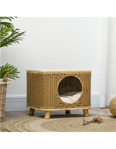 PawHut Elevated Design Wicker Cat House with Washable Cushion, Light Brown