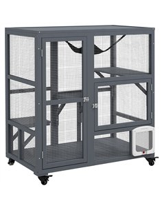 PawHut Cat House, Wooden Outdoor Catio Cat Enclosure on Wheels, Wooden Kitty Cage with Platforms, Hammock, Light Grey