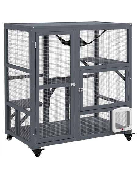 PawHut Cat House, Wooden Outdoor Catio Cat Enclosure on Wheels, Wooden Kitty Cage with Platforms, Hammock, Light Grey - pic 149132 | FastDaddyshop