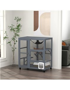 PawHut Cat House, Wooden Outdoor Catio Cat Enclosure on Wheels, Wooden Kitty Cage with Platforms, Hammock, Light Grey 2