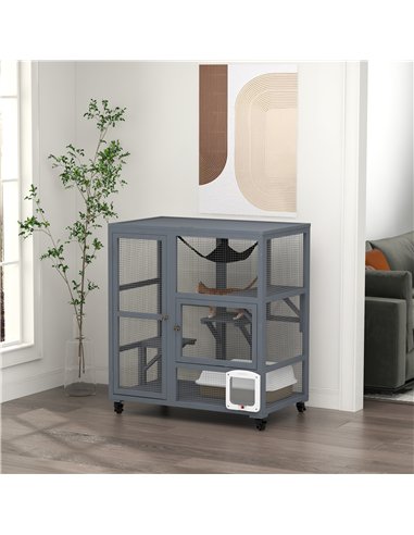 PawHut Cat House, Wooden Outdoor Catio Cat Enclosure on Wheels, Wooden Kitty Cage with Platforms, Hammock, Light Grey