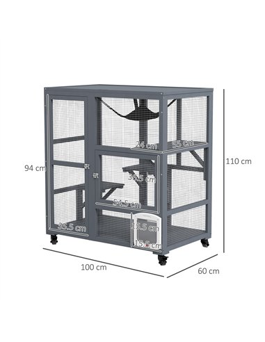 PawHut Cat House, Wooden Outdoor Catio Cat Enclosure on Wheels, Wooden Kitty Cage with Platforms, Hammock, Light Grey