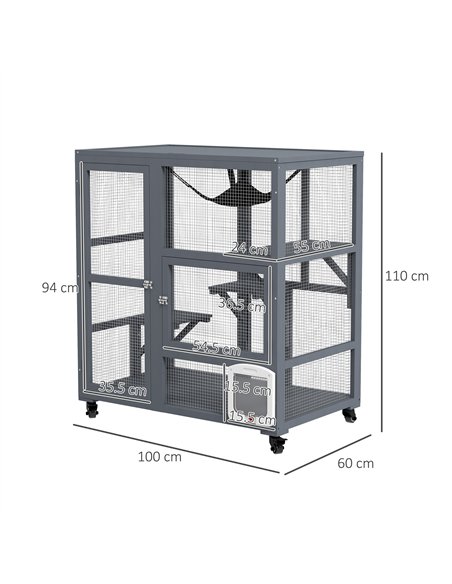 PawHut Cat House, Wooden Outdoor Catio Cat Enclosure on Wheels, Wooden Kitty Cage with Platforms, Hammock, Light Grey - pic 149134 | FastDaddyshop