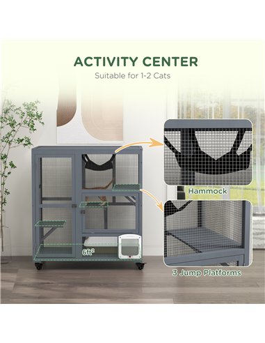PawHut Cat House, Wooden Outdoor Catio Cat Enclosure on Wheels, Wooden Kitty Cage with Platforms, Hammock, Light Grey