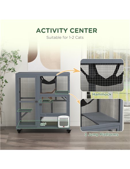 PawHut Cat House, Wooden Outdoor Catio Cat Enclosure on Wheels, Wooden Kitty Cage with Platforms, Hammock, Light Grey - pic 149135 | FastDaddyshop