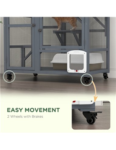 PawHut Cat House, Wooden Outdoor Catio Cat Enclosure on Wheels, Wooden Kitty Cage with Platforms, Hammock, Light Grey
