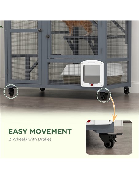 PawHut Cat House, Wooden Outdoor Catio Cat Enclosure on Wheels, Wooden Kitty Cage with Platforms, Hammock, Light Grey - pic 149136 | FastDaddyshop