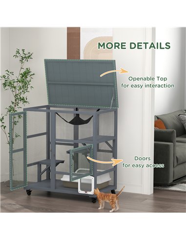 PawHut Cat House, Wooden Outdoor Catio Cat Enclosure on Wheels, Wooden Kitty Cage with Platforms, Hammock, Light Grey