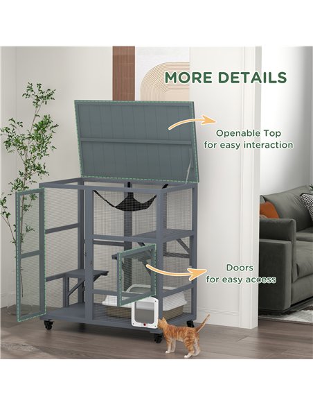 PawHut Cat House, Wooden Outdoor Catio Cat Enclosure on Wheels, Wooden Kitty Cage with Platforms, Hammock, Light Grey - pic 149138 | FastDaddyshop
