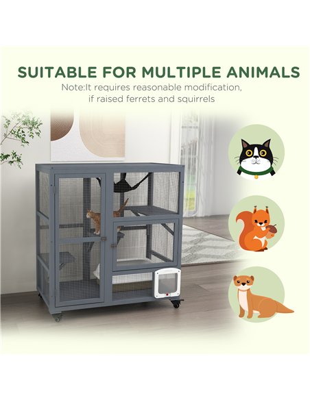 PawHut Cat House, Wooden Outdoor Catio Cat Enclosure on Wheels, Wooden Kitty Cage with Platforms, Hammock, Light Grey - pic 149139 | FastDaddyshop