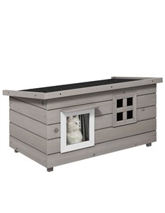PawHut Wooden Outdoor Cat House, Elevated Cat Shelter Kennel, Pet Play House with Openable Top, Asphalt Roof, Window, Grey