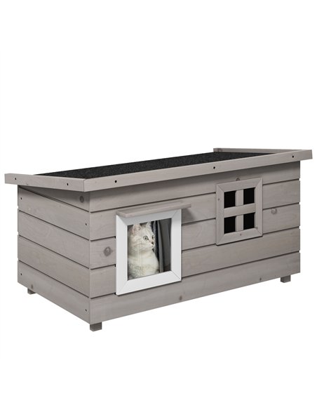 PawHut Wooden Outdoor Cat House, Elevated Cat Shelter Kennel, Pet Play House with Openable Top, Asphalt Roof, Window, Grey - pic 149141 | FastDaddyshop