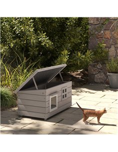 PawHut Wooden Outdoor Cat House, Elevated Cat Shelter Kennel, Pet Play House with Openable Top, Asphalt Roof, Window, Grey 2