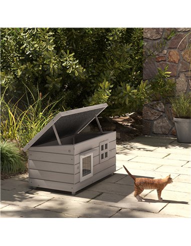 PawHut Wooden Outdoor Cat House, Elevated Cat Shelter Kennel, Pet Play House with Openable Top, Asphalt Roof, Window, Grey