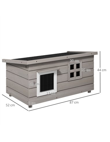 PawHut Wooden Outdoor Cat House, Elevated Cat Shelter Kennel, Pet Play House with Openable Top, Asphalt Roof, Window, Grey