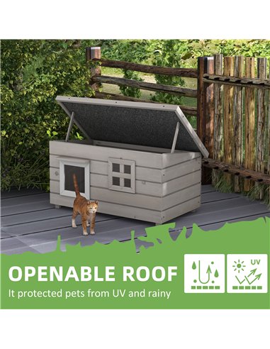 PawHut Wooden Outdoor Cat House, Elevated Cat Shelter Kennel, Pet Play House with Openable Top, Asphalt Roof, Window, Grey
