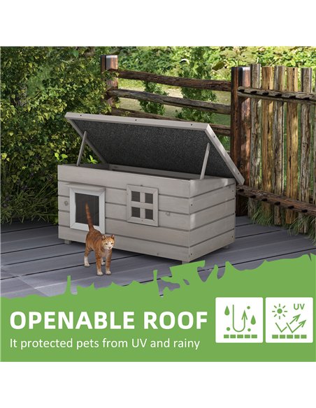 PawHut Wooden Outdoor Cat House, Elevated Cat Shelter Kennel, Pet Play House with Openable Top, Asphalt Roof, Window, Grey - pic 149145 | FastDaddyshop