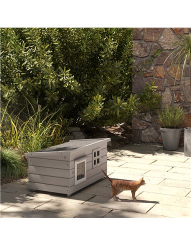 PawHut Wooden Outdoor Cat House, Elevated Cat Shelter Kennel, Pet Play House with Openable Top, Asphalt Roof, Window, Grey