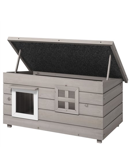 PawHut Wooden Outdoor Cat House, Elevated Cat Shelter Kennel, Pet Play House with Openable Top, Asphalt Roof, Window, Grey - pic 149149 | FastDaddyshop