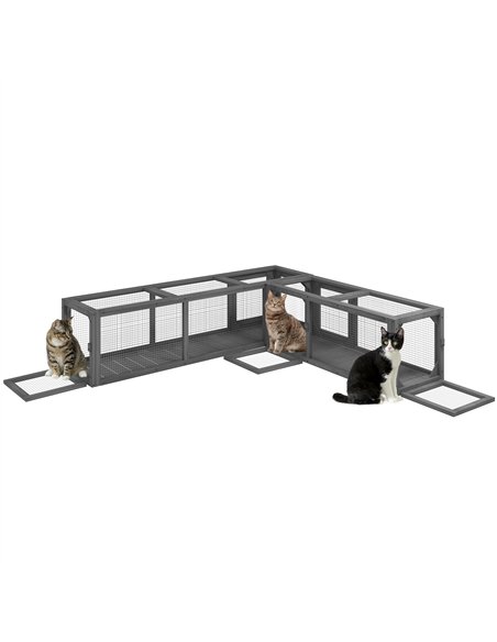 PawHut Cat Tunnel, 250cm Extra Long Wooden Cat Play Tunnel with 8 Doors, L-shape/Rectangle, Outdoor Cat Enclosure, Dark Grey - pic 149150 | FastDaddyshop