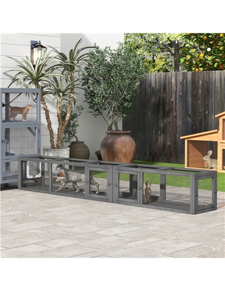 PawHut Cat Tunnel, 250cm Extra Long Wooden Cat Play Tunnel with 8 Doors, L-shape/Rectangle, Outdoor Cat Enclosure, Dark Grey - pic 149151 | FastDaddyshop