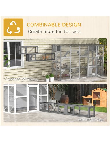 PawHut Cat Tunnel, 250cm Extra Long Wooden Cat Play Tunnel with 8 Doors, L-shape/Rectangle, Outdoor Cat Enclosure, Dark Grey