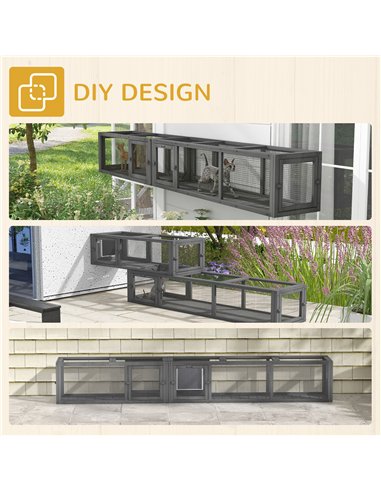 PawHut Cat Tunnel, 250cm Extra Long Wooden Cat Play Tunnel with 8 Doors, L-shape/Rectangle, Outdoor Cat Enclosure, Dark Grey