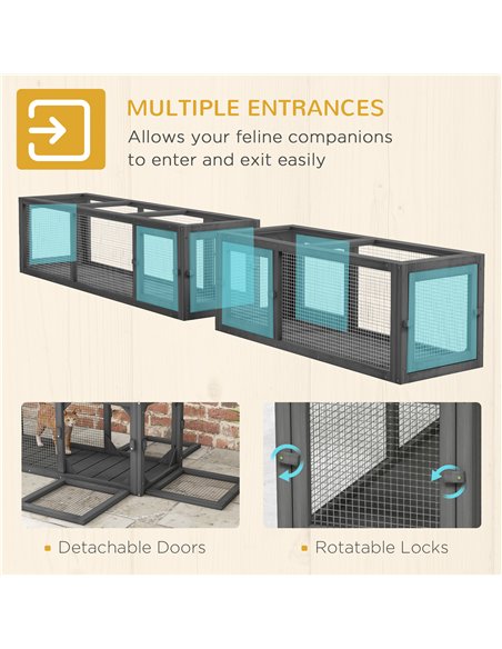 PawHut Cat Tunnel, 250cm Extra Long Wooden Cat Play Tunnel with 8 Doors, L-shape/Rectangle, Outdoor Cat Enclosure, Dark Grey - pic 149155 | FastDaddyshop