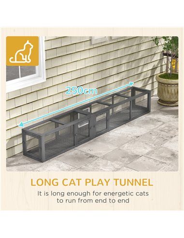 PawHut Cat Tunnel, 250cm Extra Long Wooden Cat Play Tunnel with 8 Doors, L-shape/Rectangle, Outdoor Cat Enclosure, Dark Grey