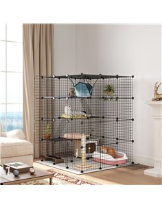 PawHut Steel Wire Cat Cage Indoor with Hammock, Ramps, Doors, DIY Cat Enclosure for 1-3 Cats, Black