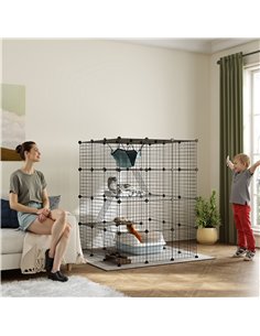 PawHut Steel Wire Cat Cage Indoor with Hammock, Ramps, Doors, DIY Cat Enclosure for 1-3 Cats, Black 2
