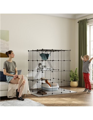 PawHut Steel Wire Cat Cage Indoor with Hammock, Ramps, Doors, DIY Cat Enclosure for 1-3 Cats, Black