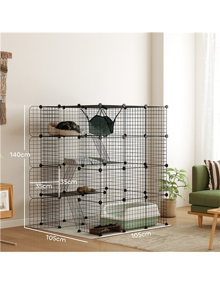 PawHut Steel Wire Cat Cage Indoor with Hammock, Ramps, Doors, DIY Cat Enclosure for 1-3 Cats, Black - pic 149161 | FastDaddyshop