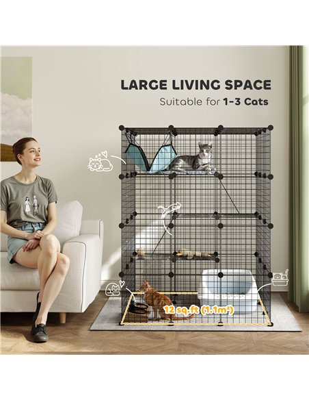 PawHut Steel Wire Cat Cage Indoor with Hammock, Ramps, Doors, DIY Cat Enclosure for 1-3 Cats, Black - pic 149162 | FastDaddyshop