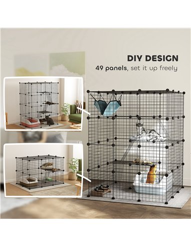 PawHut Steel Wire Cat Cage Indoor with Hammock, Ramps, Doors, DIY Cat Enclosure for 1-3 Cats, Black