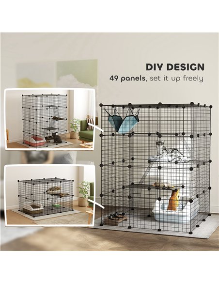 PawHut Steel Wire Cat Cage Indoor with Hammock, Ramps, Doors, DIY Cat Enclosure for 1-3 Cats, Black - pic 149163 | FastDaddyshop