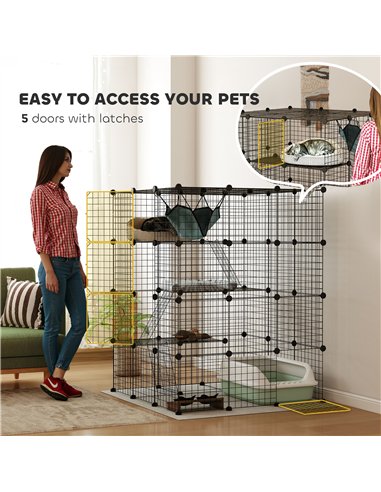 PawHut Steel Wire Cat Cage Indoor with Hammock, Ramps, Doors, DIY Cat Enclosure for 1-3 Cats, Black