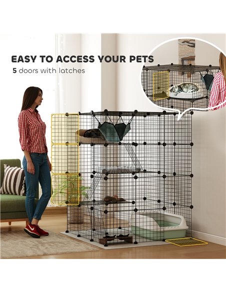 PawHut Steel Wire Cat Cage Indoor with Hammock, Ramps, Doors, DIY Cat Enclosure for 1-3 Cats, Black - pic 149164 | FastDaddyshop
