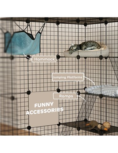 PawHut Steel Wire Cat Cage Indoor with Hammock, Ramps, Doors, DIY Cat Enclosure for 1-3 Cats, Black