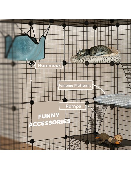 PawHut Steel Wire Cat Cage Indoor with Hammock, Ramps, Doors, DIY Cat Enclosure for 1-3 Cats, Black - pic 149165 | FastDaddyshop