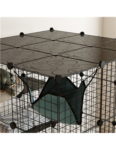 PawHut Steel Wire Cat Cage Indoor with Hammock, Ramps, Doors, DIY Cat Enclosure for 1-3 Cats, Black