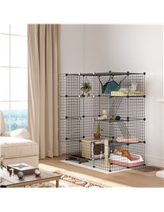 PawHut Four-Tier DIY Large Cat Cage with Hammock, Ramps, Five Doors, Indoor Use for 1-3 Cats, Black