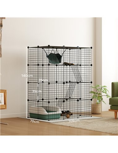 PawHut Four-Tier DIY Large Cat Cage with Hammock, Ramps, Five Doors, Indoor Use for 1-3 Cats, Black