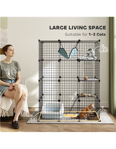 PawHut Four-Tier DIY Large Cat Cage with Hammock, Ramps, Five Doors, Indoor Use for 1-3 Cats, Black