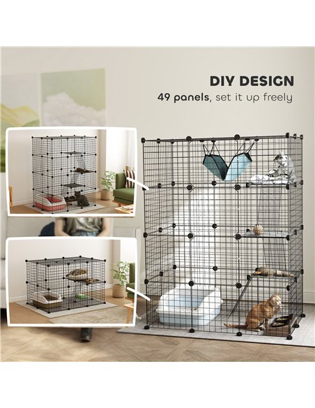 PawHut Four-Tier DIY Large Cat Cage with Hammock, Ramps, Five Doors, Indoor Use for 1-3 Cats, Black - pic 149172 | FastDaddyshop