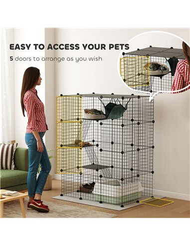 PawHut Four-Tier DIY Large Cat Cage with Hammock, Ramps, Five Doors, Indoor Use for 1-3 Cats, Black