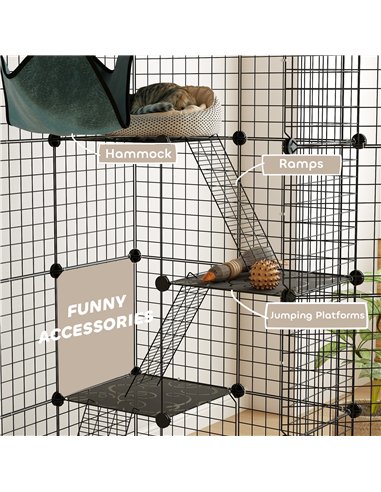 PawHut Four-Tier DIY Large Cat Cage with Hammock, Ramps, Five Doors, Indoor Use for 1-3 Cats, Black